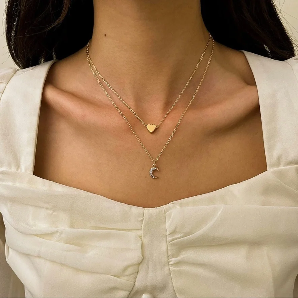 Gold 14k Gold Plated Heart & Moon CZ Layered Necklace